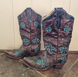 Corral Brown & Turquoise Cross Boots, Size 7.5